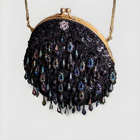 New Black Beaded Sequins Purse Cocktail Long Chain Gold Flower Holiday Event - Picture 1 of 8